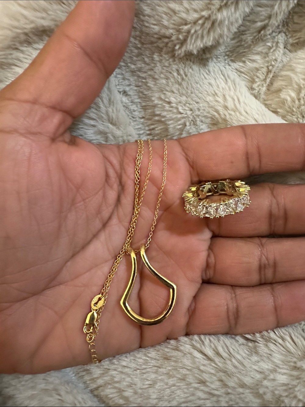 Gold 925 Teardrop Pendant Necklace and CZ Ring Set - Gold